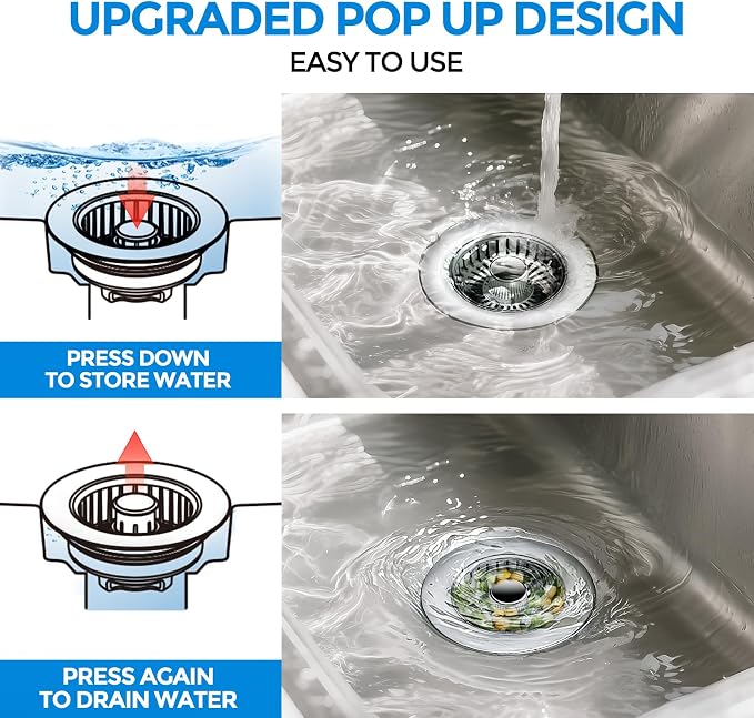 zaa 3 in 1 Kitchen Sink Drain Strainer Stopper Removable Basket Pop-Up | Kitchen Sink Accessories 2 Pack Brushed Silver Stainless - Food Catcher, Odor-Blocking Seal, Fits 3.5" Drain