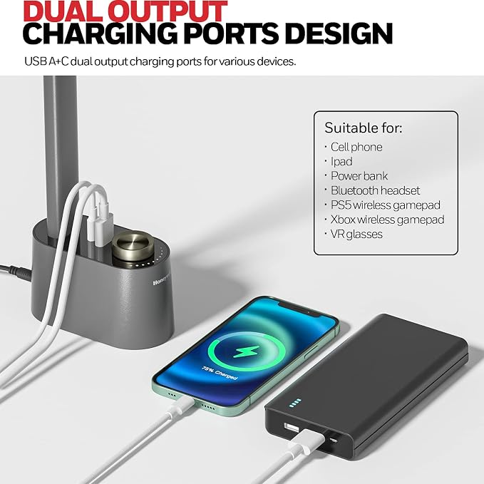 Honeywell H01 Pro Compact LED Desk Lamp with A+C Charging Port | CRI≥95, 3000K-5500K,Low Blue Light, Flicker-Free, Modern Desk Light for Bedroom, Grey