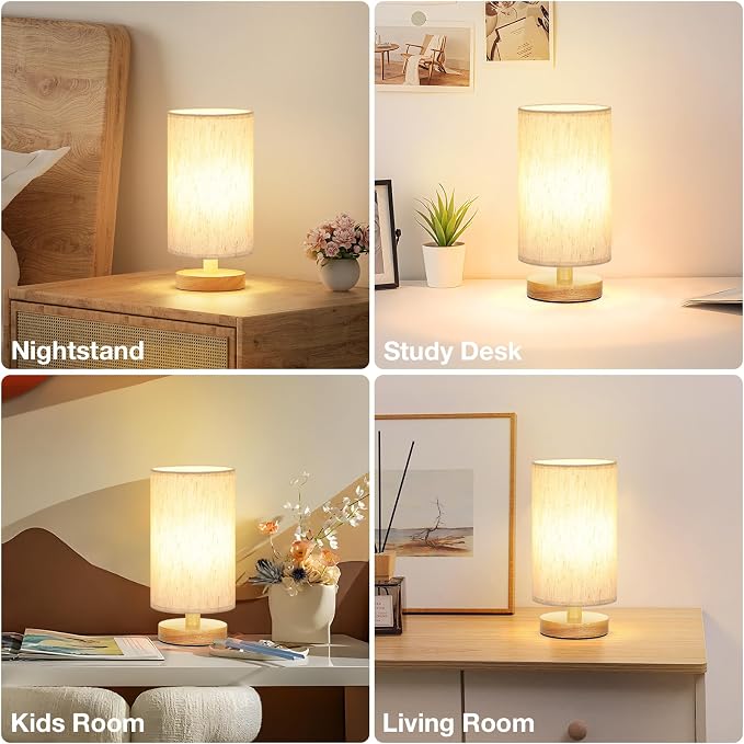 Fenmzee Small Lamps Set of 2 (Cream Shade - Wood Base, 9" Inline Control) | Two 3000K LED Blubs Included | 680 Lumens | Easy Assembly | Minimalist Design | E26 | for Kitchen | for Kids Room