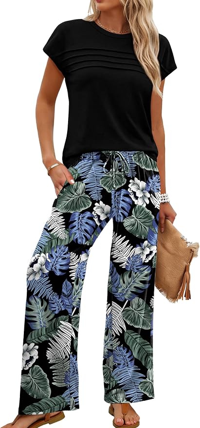 WIHOLL Two Piece Set for Women Summer Spring Outfits Matching Sets Women Clothing Airport Travel Vacation Wide Leg Pants