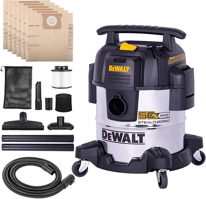 DEWALT 5 Gal Stealthsonic Shop Vacuum Wet and Dry, Ultra-Quiet Stainless Steel Shop Vac, 4 HP Heavy-Duty Vacuum Cleaner with Complete Accessory Kit and 6 Dust Bages for Home, Workshop, Garage, Car