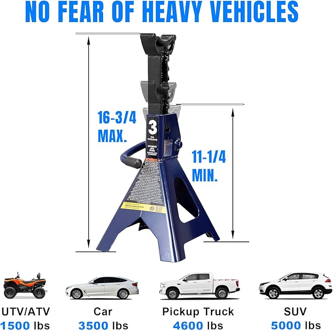 TCE 3 Ton (6,600 LBs) Jack Stands, with Adjustable Lock Car Jack Stand, Fit for Vehicle, Blue, 1 Pair