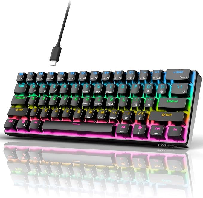 RK ROYAL KLUDGE RK61 Wired 60% Mechanical Gaming Keyboard Programmable QMK/VIA RGB Backlit 61 Keys Ultra-Compact Hot Swappable Blue Switch Black