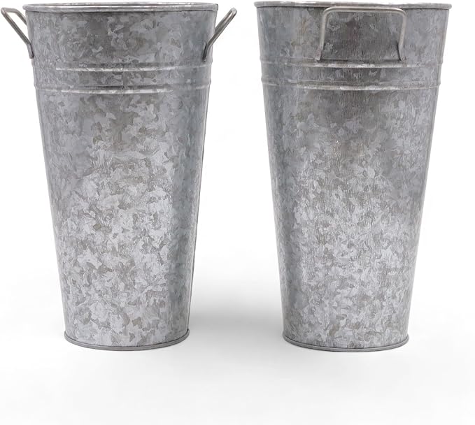 Hosley Set of 2 Galvanized Bucket/Pot Vase with PVC Liner, 5" Dia x 9" H Ideal Gift for Floral Arrangements Wedding Home Office Party DIY Indoor Outdoor Garden Patio