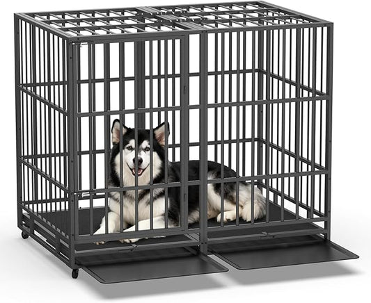 54 Inch Heavy Duty Dog Crate, Indestructible Escape-Proof Dog Kennel for High Anxiety Large Dogs, Strong Metal Pet Cage with Double Doors, Lockable Wheels & Removable Tray, XL XXL XXXL