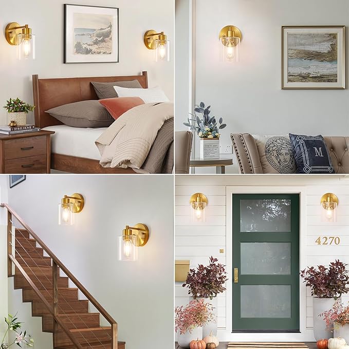 Brushed Gold Wall Sconce, Gold Vanity Light Modernbathroom Light fixtures with Clear Glass Shade Entrance Lamp Hallway Living Room Mount Bathroom Fixtures for Mirror (2PACK)