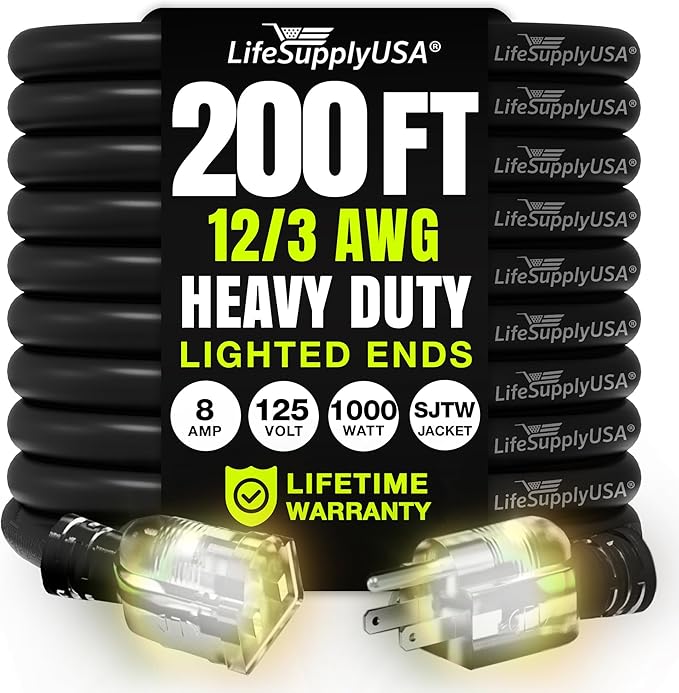 200ft Outdoor/Indoor Extension Cord 12/3 Gauge Extra Heavy Duty 3 Prong SJTW, Waterproof, Flexible Cold-Resistant Long Power Cord,8A 125V 1000W, Black by LifeSupplyUSA