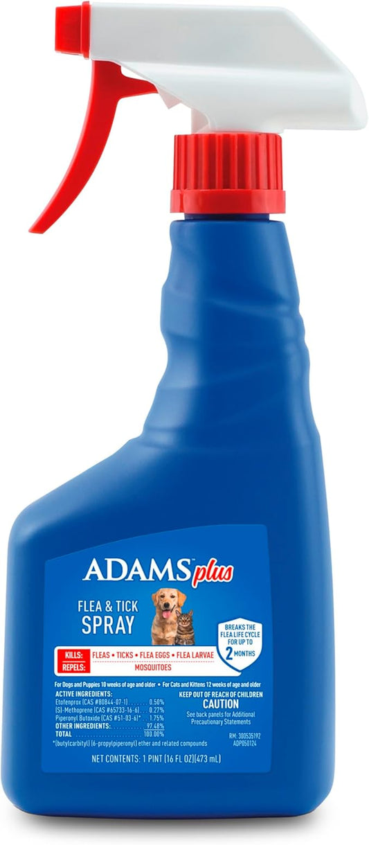 ADAMS Plus Flea & Tick Dog and Cat Spray, Kills Fleas & Ticks, Repels Mosquitoes, Prevents Flea Infestations for up to 2 Months, Flea Treatment for Dogs, Cats, Puppies, & Kittens, 16 Fl oz