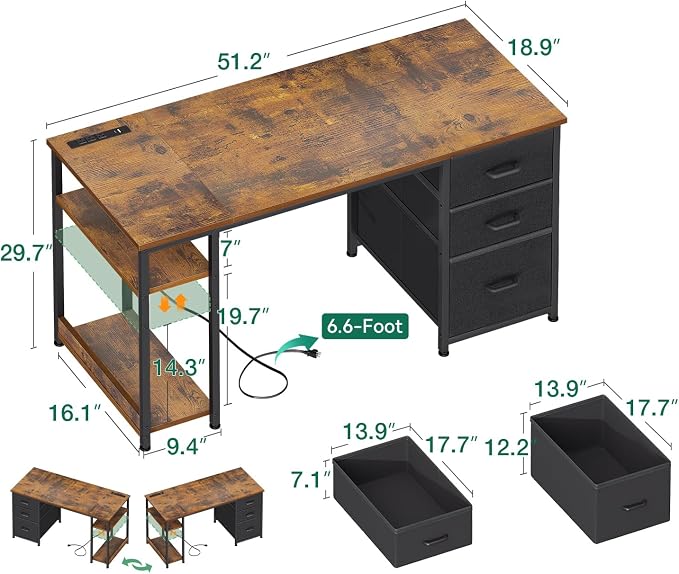 AODK 51 Inch Computer Desk with Drawers & USB Power Outlets | Reversible Home Office Desk with Storage Shelves, Work from Home, Modern Work/Writing/Study Table for Bedroom, Vintage