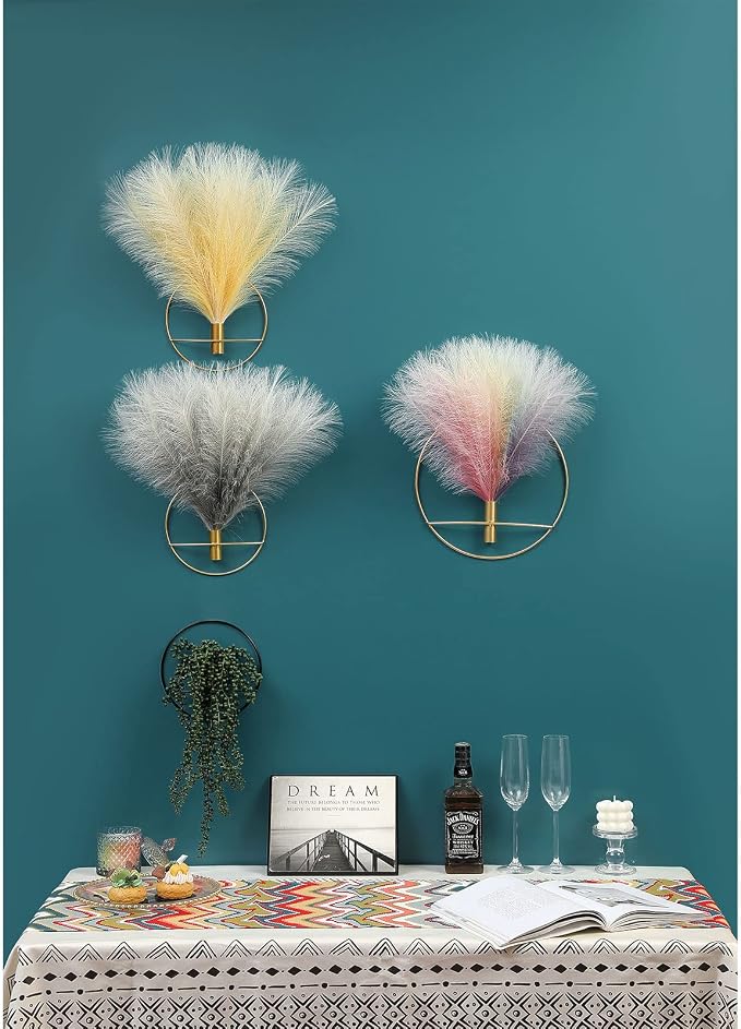 Pretty Jolly Boho Pampas Wall Decor Gold Metal Wall-Mounted Art | Morden Artificial Greenery Display，2 Pack Hanging Planter For Living Room, Bedroom, Bathroom, Dining room