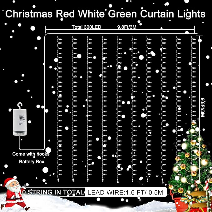 echosari Red White and Green Christmas Curtain Lights Battery Operated, 300 LED Fairy Curtain Lights 9.8Ft x 9.8Ft Hanging Lights with Remote Timer for Party Holiday Garden Yard Decor