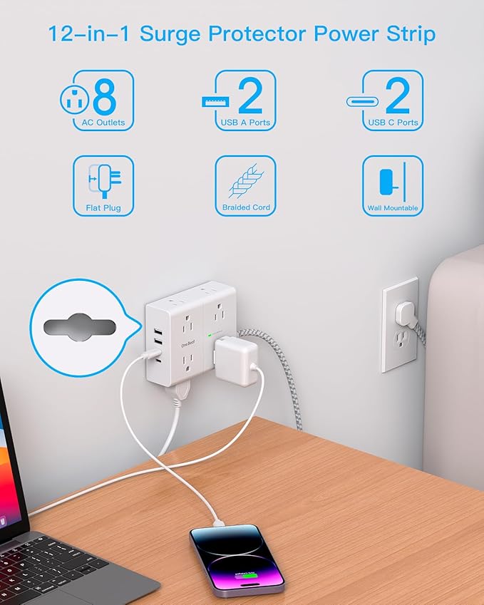 Surge Protector Power Strip 20 Ft Cord, Ultra Thin Flat Extension Cord with 8 Outlets 4 USB Ports(2 USB C), Flat Plug Power Strip, 20 Ft Long Braided Power Cord for Home, Office, Dorm Room Essentials