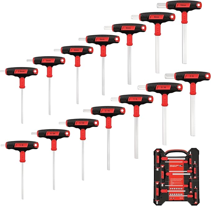 C&T 14-Piece T-Handle Allen Wrench Set, Metric & SAE, Long Arm Hex Keys with Storage Box – Professional Tool for DIY, Auto & Bike Repair, Home Repair and Mechanics Maintenance