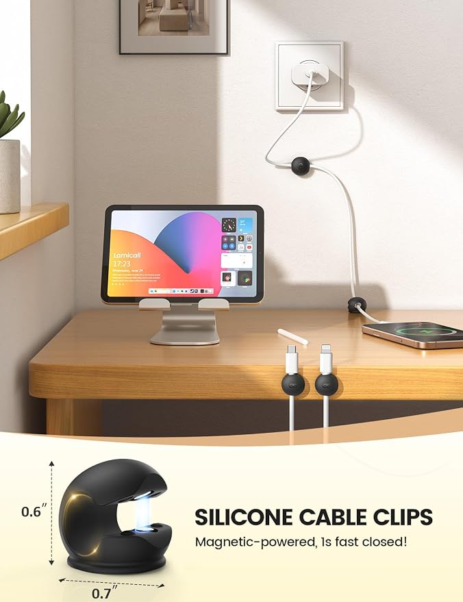 Lamicall 8 Pack Magnetic Cord Organizer, Mini-Soft Silicone Clips | Cable Management for Phone Charger Cords, Durable Adhesive Holder for Desk Nightstand, Home Office Gadget Accessories, Black