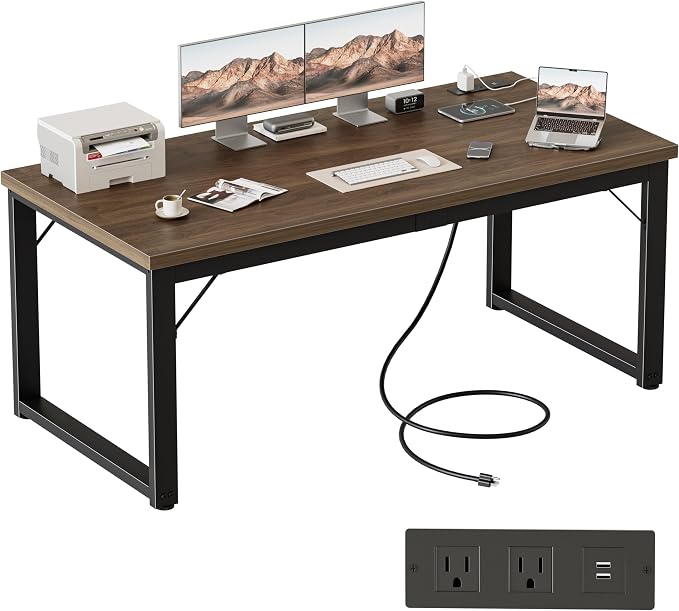 Mericonia 54 Inch Computer Desk with Power Outlets, 1.2" Thick Office Table | Modern Simple Style, Heavy Duty Industrial Frame, Study & Writing Table for Home Bedroom Work, Walnut