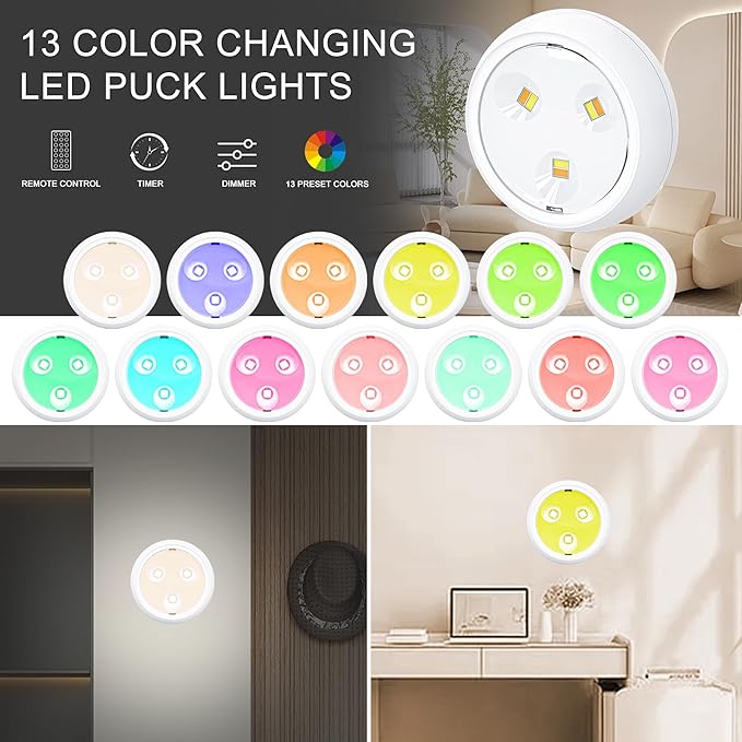 Puck Lights, 13 Colors Changeable LED Puck lightings Battery Powered Dimmable Under Cabinet Lights, Battery Powered Under Counter Lights with Wireless Remote Controls for Kitchen