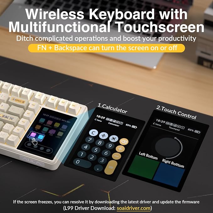 Aula L99 Wireless Mechanical Gaming Creamy Keyboard with Smart Touch Screen | Tri-Mode Hot Swappable Custom Keyboard,RGB Backlit,PBT Keycap,Gasket Mount Creamy Sounding Keyboards for Office PC,84 Keys