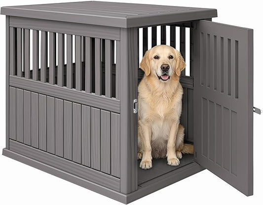 Bifanuo 40-Inch Dog Crate Furniture, Heavy Duty Dog Crate for Large and Medium Dog, Lockable Indoor Outdoor Dog Kennel & End Table, Decorative Plastic Pet Cage(Grey)