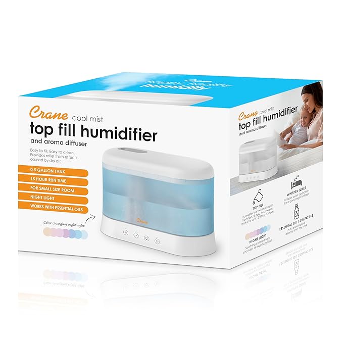 Crane 1.9 Liter Top Fill Cool Mist Humidifier & Essential Oil Diffuser, Whisper-Quiet, 15-Hour Run Time, Night Light, Small Room Air Humidifier, Humidifiers For Bedroom Kids