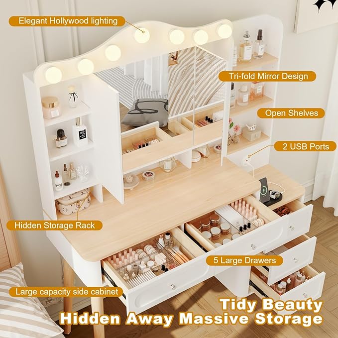 Vanity Desk with Mirror and Lights,Makeup Vanity with 2 USB Power Strip,Vanity Set with Two Drawers and Three-drawer Chest, 3 Lighting Modes Adjustable Brightness, Foldable Three-sided Mirror(White)