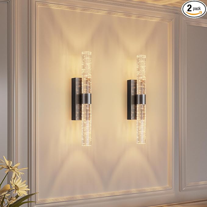 camuucci Battery Operated Wall Sconces Set of 2, Rechargeable Wall Lights | 12000mAh Long-Lasting Battery,Dimmable Cordless Sconce,No Wiring Needed for Bedroom,Living Room,Black 15.3-Inch