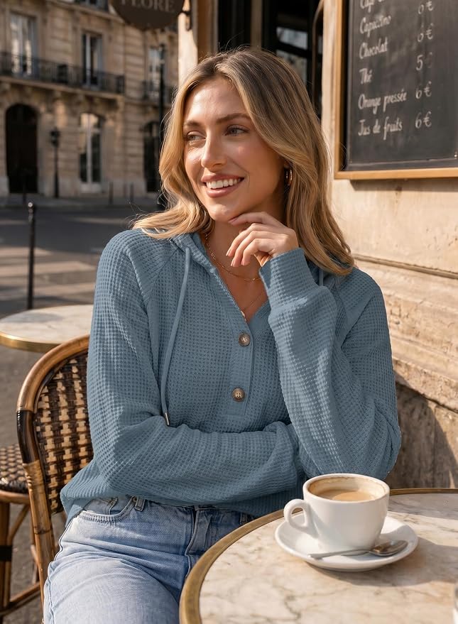 Dokotoo Hoodies for Women Waffle Knit Long Sleeve Drawstring Button V Neck Casual Sweatshirt Hooded Tops Fashion Clothing