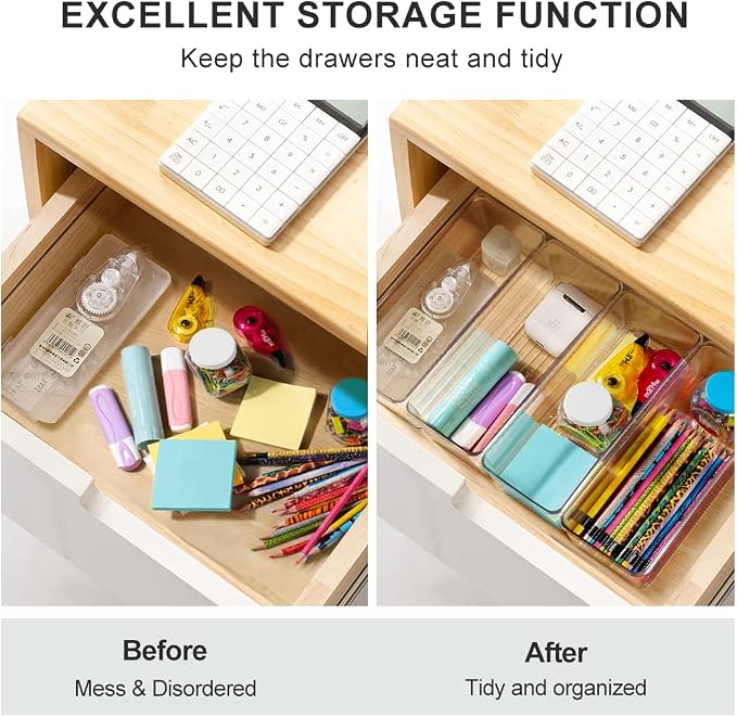 Hudgan 8 Pack Clear Plastic Drawer Organizers Set, Stackable Deep Drawer Organizer for Makeup Vanity and Desk, 2 Sizes Tall Bathroom Drawer Organizer