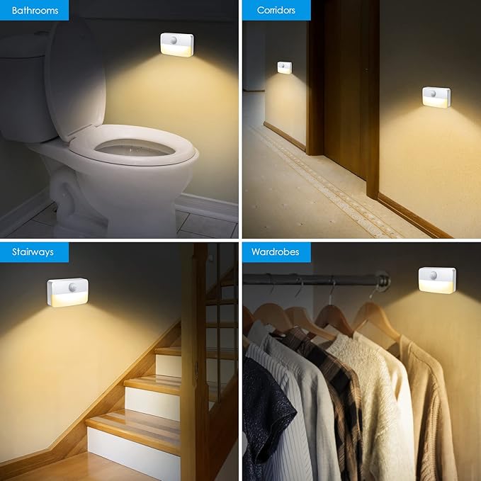 AMIR 2 Pack Mini Motion Sensor Stair Light for Indoor, Battery-Powered LED Night Light, 40 Lumen 3000K, Cordless Closet Lights, Safe Lights for Stairs, Hallway, Bathroom, Kitchen, Cabinet