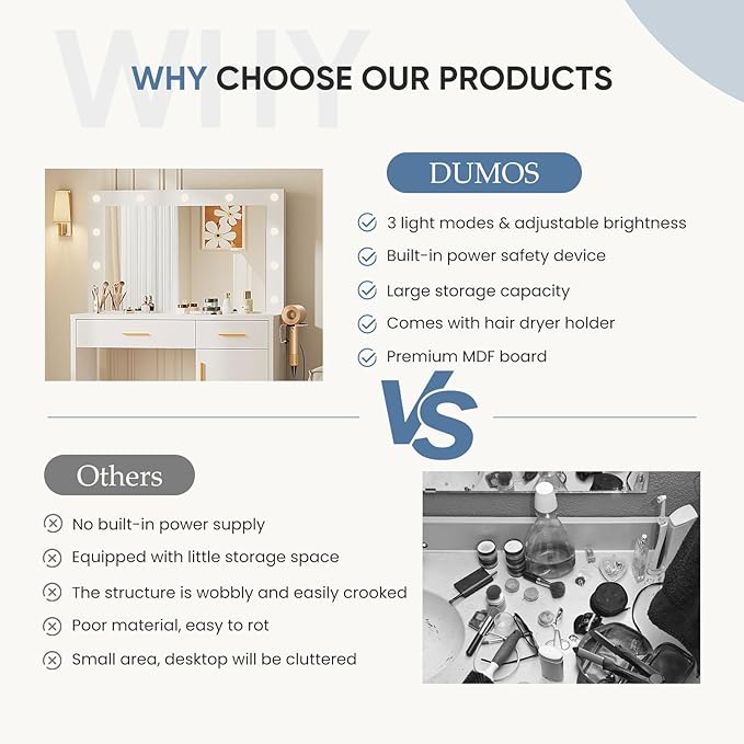 DUMOS Vanity Desk with Mirror and 11 LED Lights, Makeup Vanity Table with Charging Station (2AC/USB/C), Dressing Table with 2 Drawers & Large Cabinet, 3 Lighting Color Adjustable, White
