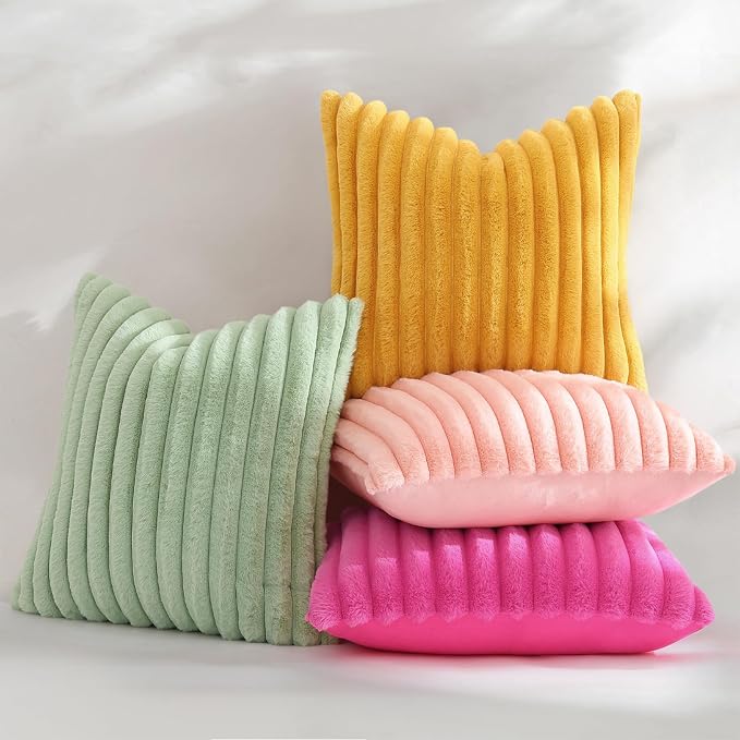 decorUhome Fall Faux Fur Throw Pillow Covers 26x26 Set of 2 Blush Pink | Decorative Soft Cozy Striped Plush Modern Farmhouse Boho Couch Pillow Cases Velvet Back for Sofa Bed Living Room Home Decor