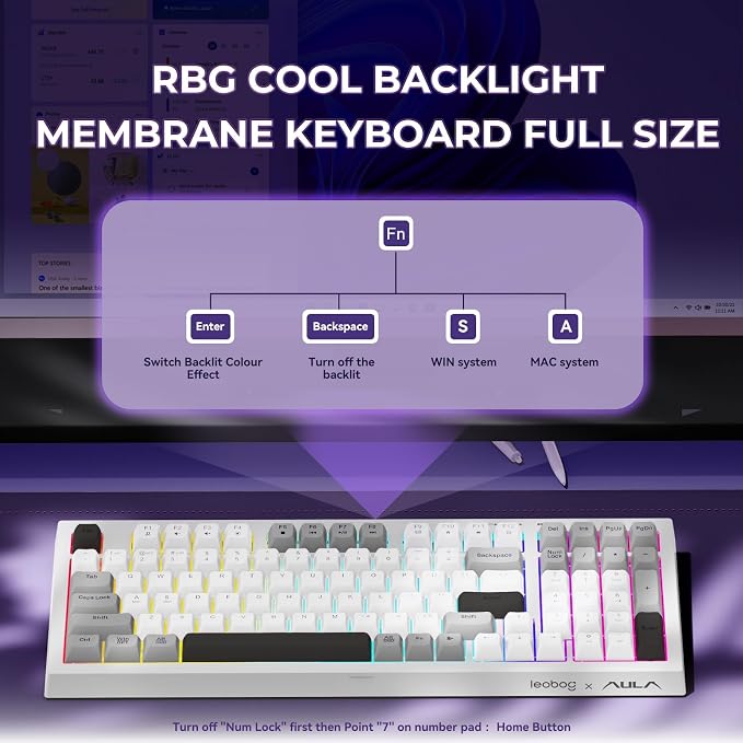 LEOBOG x Aula Wireless Keyboard 98 Keys Membrane Computer Keyboards | Silent Keyboard, 2000mAh Creamy Keyboard with Number Pad, Tri-Mode BT/2.4GHz/USB-C Connection for PC MAC Office Dorm Rooms