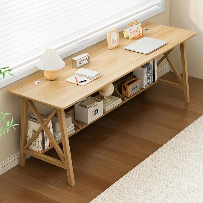NELYE Extra Long Writing Desk with Bookshelf, 71" Wx20 Dx30 H, Oak | Wooden Home Office Work Study Table, Computer Gaming Workstation with Storage Shelf, Sturdy MDF Resists Wobble