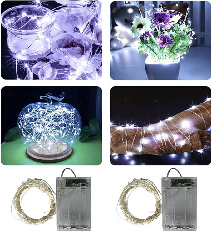 2 x 50LEDs Fairy Lights Battery Operated, Silver Wire 2 Mode 16.4Ft Chains String Lights for Bedroom Christmas Party Decoration (Cool White, 16.4)