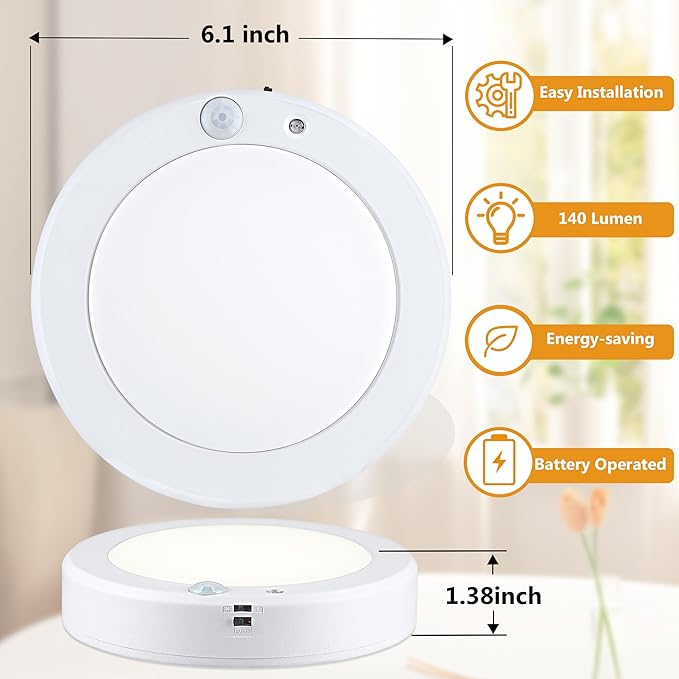 LIT-PaTH Battery Operated Motion Sensor LED Ceiling Light, 5000K 6.1inch 140 Lumens Battery Powered Wireless Motion Ceiling Light for Hallway Laundry Stair Pantry,4-Pack (Battery Not Included)