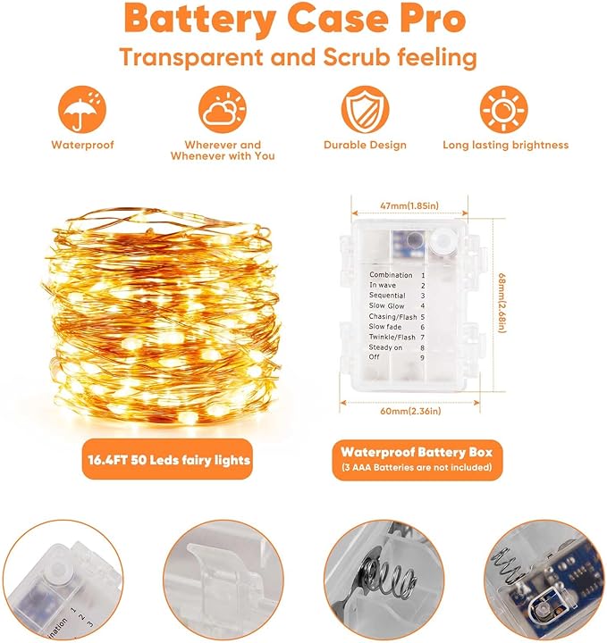 2 Pack 16.4 Ft. Battery Operated Outdoor String Lights with Remote & Timer, LED Warm White Fairy Lights, Waterproof Twinkle Lights for Bedroom, Dorm, Mason Jar, Wedding, Party, Christmas