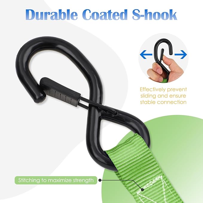Ratchet Straps 4 Pack - 2,200 Lbs Break Strength 1 in x 15 Ft Medium Duty Ratchet Tie Down Straps with S Hooks Set for Truck, Cargo Van, Trailer, Motorcycle (Green)