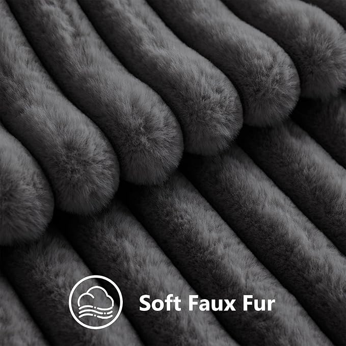 decorUhome Fall Faux Fur Throw Pillow Covers 26x26 Set of 2 Dark Grey | Decorative Soft Cozy Striped Plush Modern Farmhouse Boho Couch Pillow Cases Velvet Back for Sofa Bed Living Room Home Decor