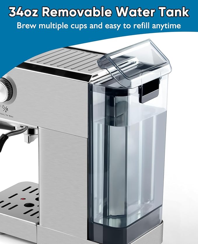 CUSIMAX Espresso Machine with Powerful Steam Wand for Latte & Cappuccino | 20Bar Compact Coffee Machine Stainless Steel Espresso Maker with 34oz Remevable Water Tank