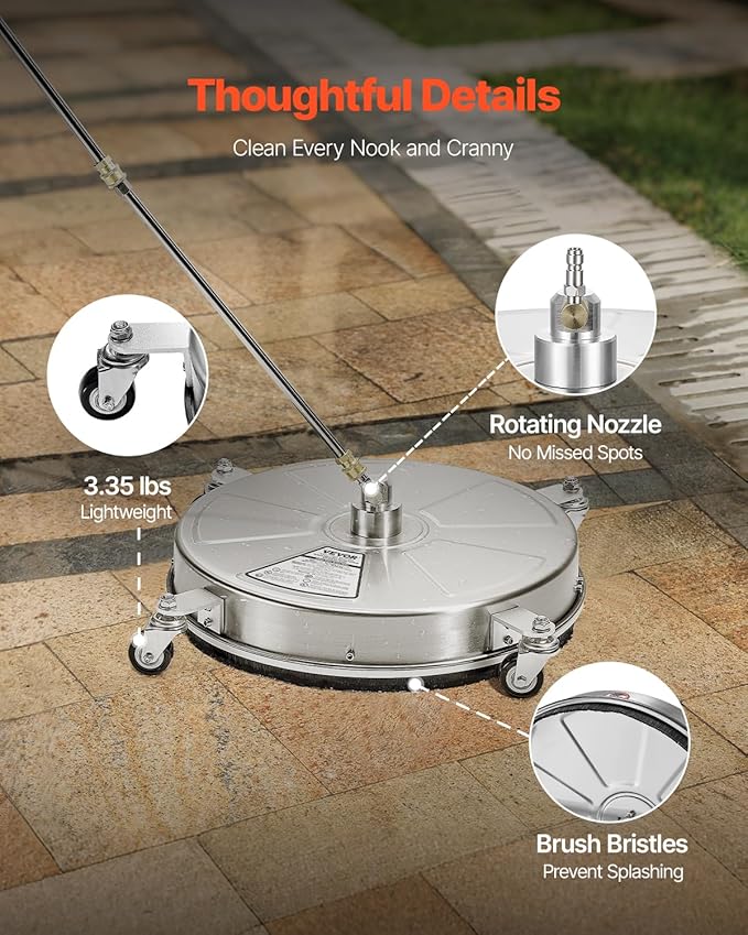 VEVOR 18 Inch Pressure Washer Surface Cleaner, 4000 PSI Stainless Steel Attachment with 4 Wheels, 2 Nozzles, 1/4 Inch Quick Connect and 2 Wands for Concrete, Patio, Deck