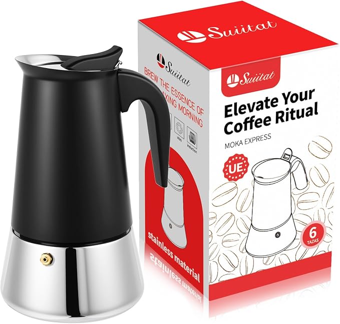 6 Cup Stainless Steel Moka Pot, 300ml Stovetop Espresso Maker, Black