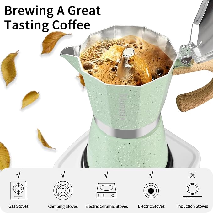 Mongdio Stovetop Espresso Maker Moka Pot, Cuban Coffee Maker Stove top coffee maker Moka Italian Espresso Greca Coffee Maker Brewer Percolator, 9 Espresso Cups, 15 oz - Green