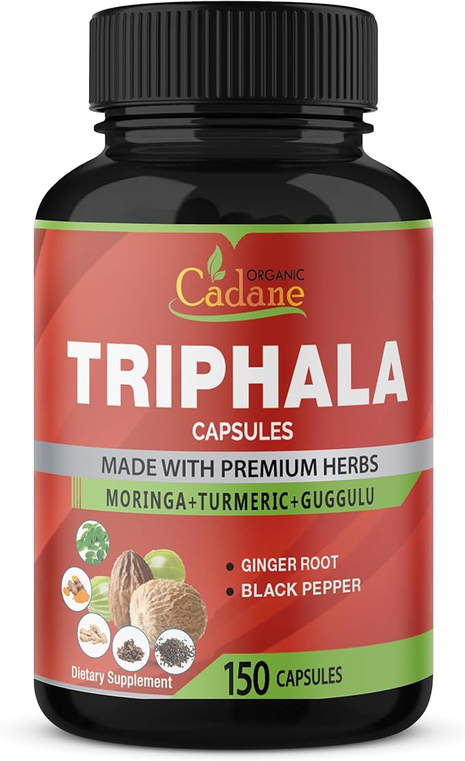Organic Cadane Triphala Extract Capsules, 5 Months Supply with Turmeric, Guggulu, Ginger, Black Pepper, Moringa - Support Digestion Health & Immune System - 150Caps