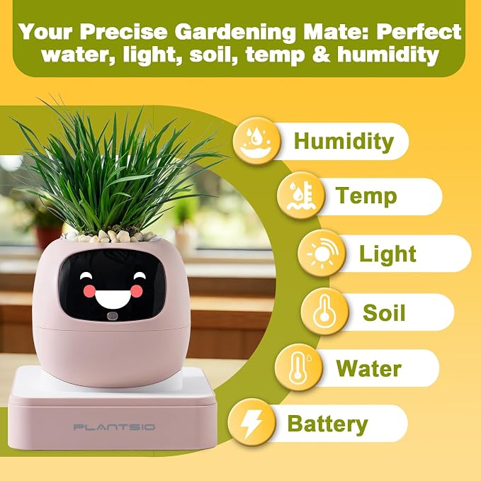 Smart Plant Pot with Visual Display – Soil Moisture, Water Level, Light & Battery Monitor, 80ml Self-Watering Reservoir, Supports 50+ Plants, Pomodoro Timer, Clock & Calendar (Blush)