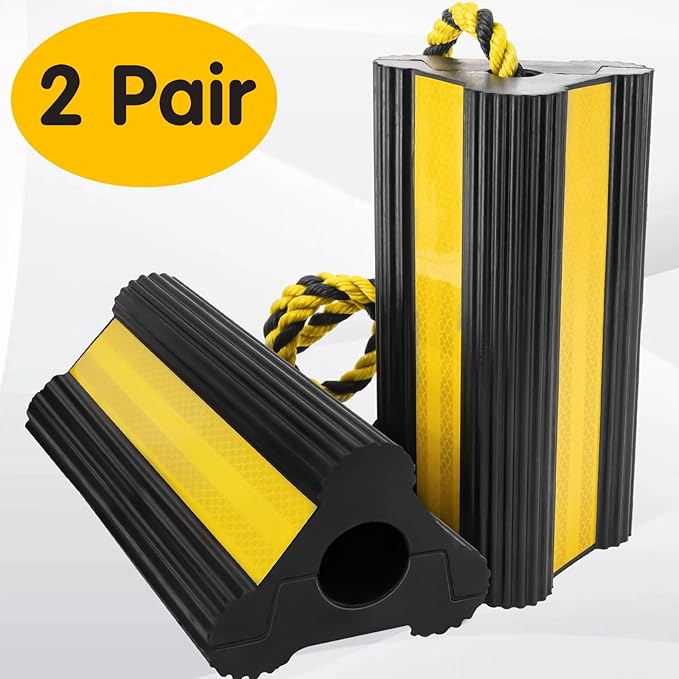 CMOOD Wheel Chocks for RV Travel Trailer Camper Truck Aircraft Car, Rubber Dual Wheel Block, Non-Slip Tire Chocks with Rope, Heavy Duty Wheel Chocks with Nylon Rope Yellow Reflective Tape(4 Pack)