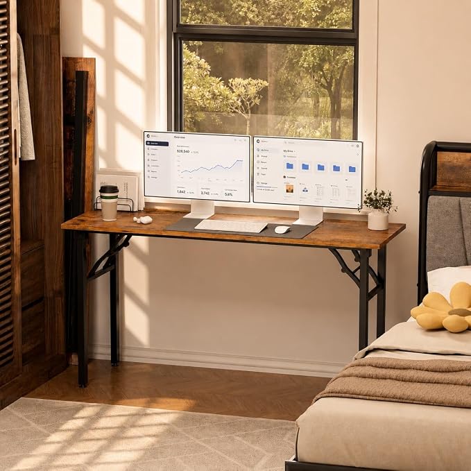 Folding Table Computer Desk - 55.1" No Assembly Folding Desk Design and Foldable Office Desk, Small Desk for Bedroom, Compact Storage Portable Use for Dorm and RV Small Space, Rustic Brown