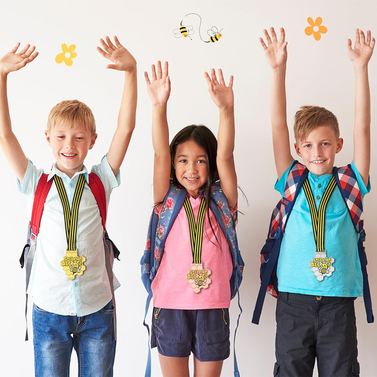 Remuuly Spelling Bee Honeycomb Medals - 1st, 2nd, 3rd Place Awards with Neck Ribbon | 3.2 x 2.8 Inches (Classic)