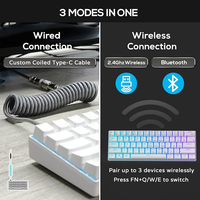 RK ROYAL KLUDGE RK61 Wireless Mechanical Keyboard with Coiled Cable, White | 60% RGB Gaming Keyboard with Bluetooth/2.4GHz/Wired, Hot Swappable 61 Keys Ultra-Compact for Win/Mac/PC, Tactile Brown Switch