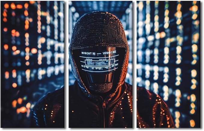 3 Panel Framed Wall Art Hacker in Mask on Dark Background with Digital Effects Pictures Print on Canvas for Living Room Bedroom Wall Decoration, Wooden Framed Ready to Hang, 42" Wx28 H