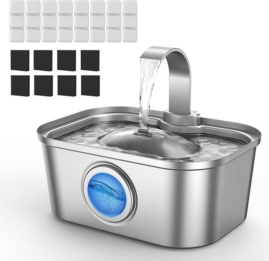 Bobo&Dragon Stainless Steel Cat Water Fountain 124oz/3.5L, Ultra Quiet Automatic Pet Water Dispenser for Multiple Cats & Dogs, 6-Layer Filtration, Smart Window, Built-in 8+8 Replacement Filters