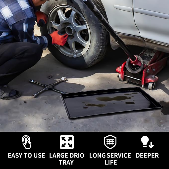 3 Pcs Extra Large Oil Drip Pan for Car - 35.4 x 24 x 1.5 Inches Plastic Auto Oil Catch Tray with 2 Pairs of Gloves, Engine Oil Spill Catcher for Garage, Leak Prevention & Easy Storage